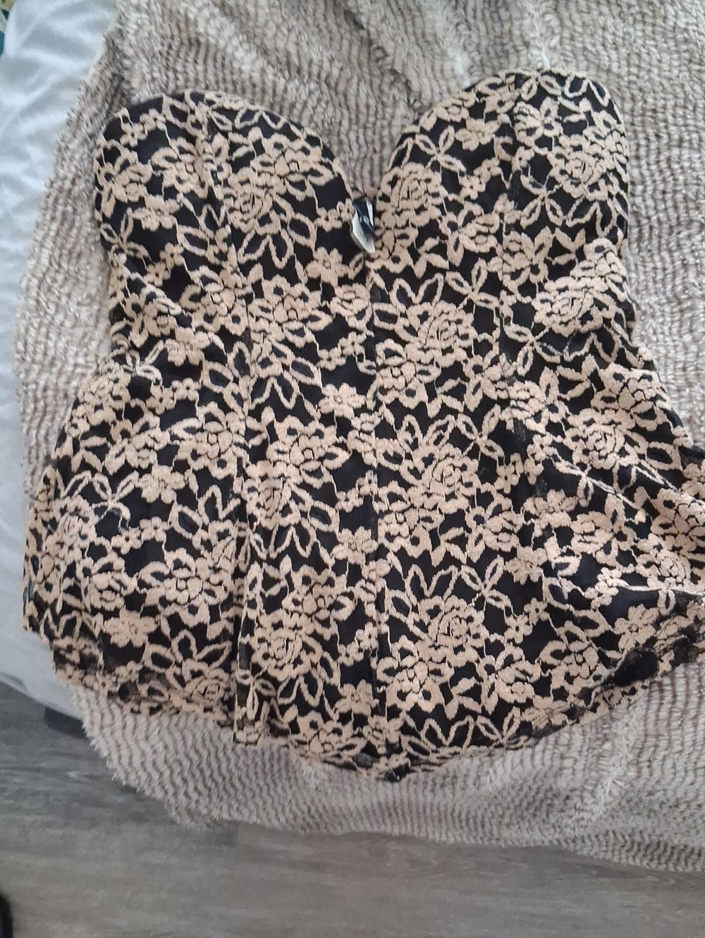 Strapless Black Top with Beige Floral Lace Overlay